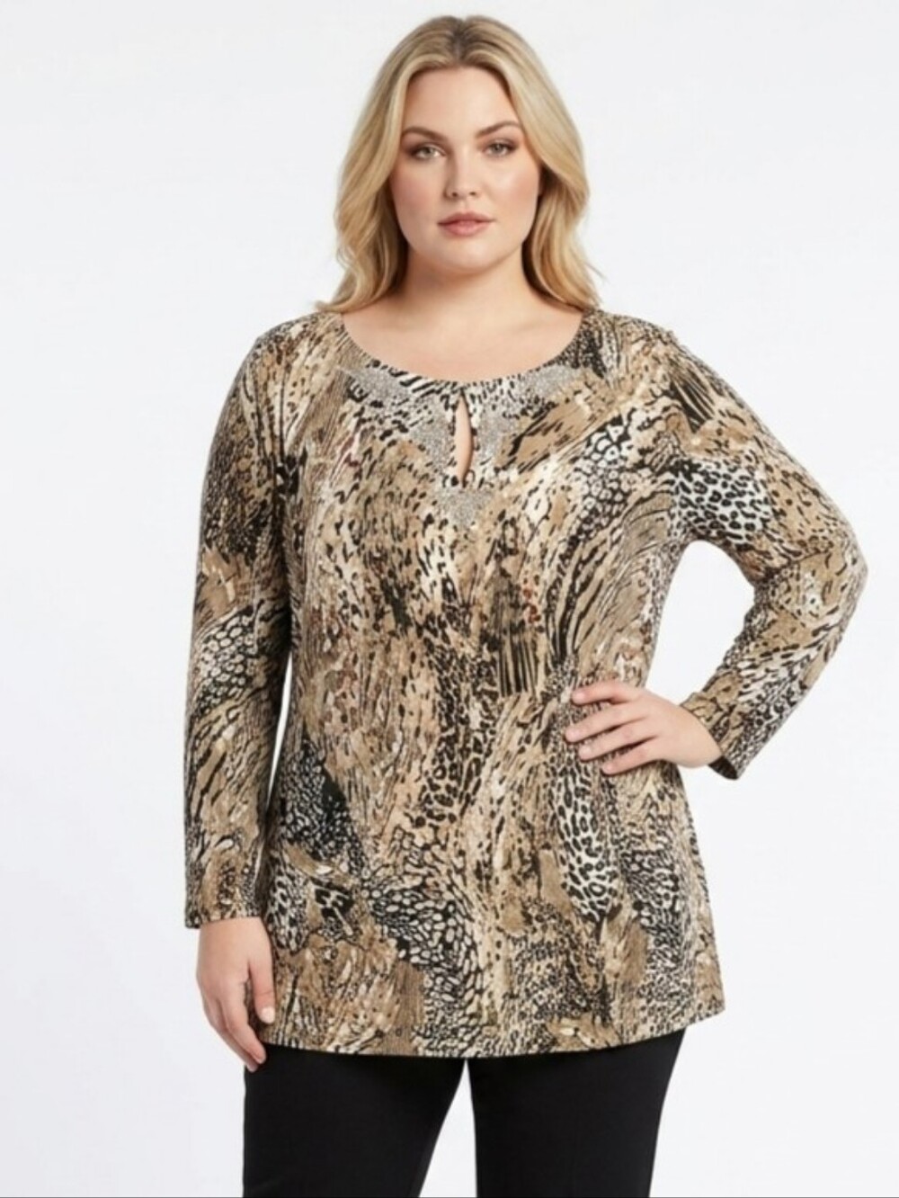 Cato Womens Tunic Top 26/28W Brown Animal Print Beaded Pullover Stretch 3/4 Sl